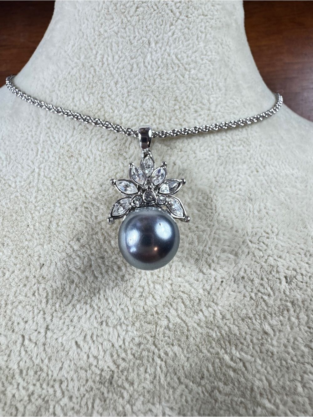 Silver Pearl Drop Necklace with Crystal Floral Accent